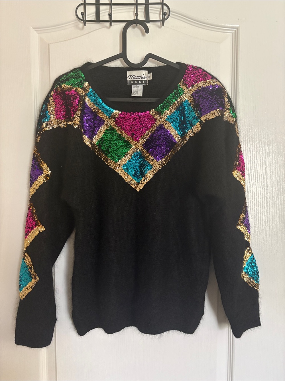 Vintage Marnie West Black Sequin Diamond-Accent Crewneck Silk/ Angora Sweater